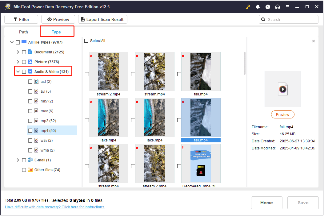 found videos are displayed under Type in MiniTool Power Data Recovery
