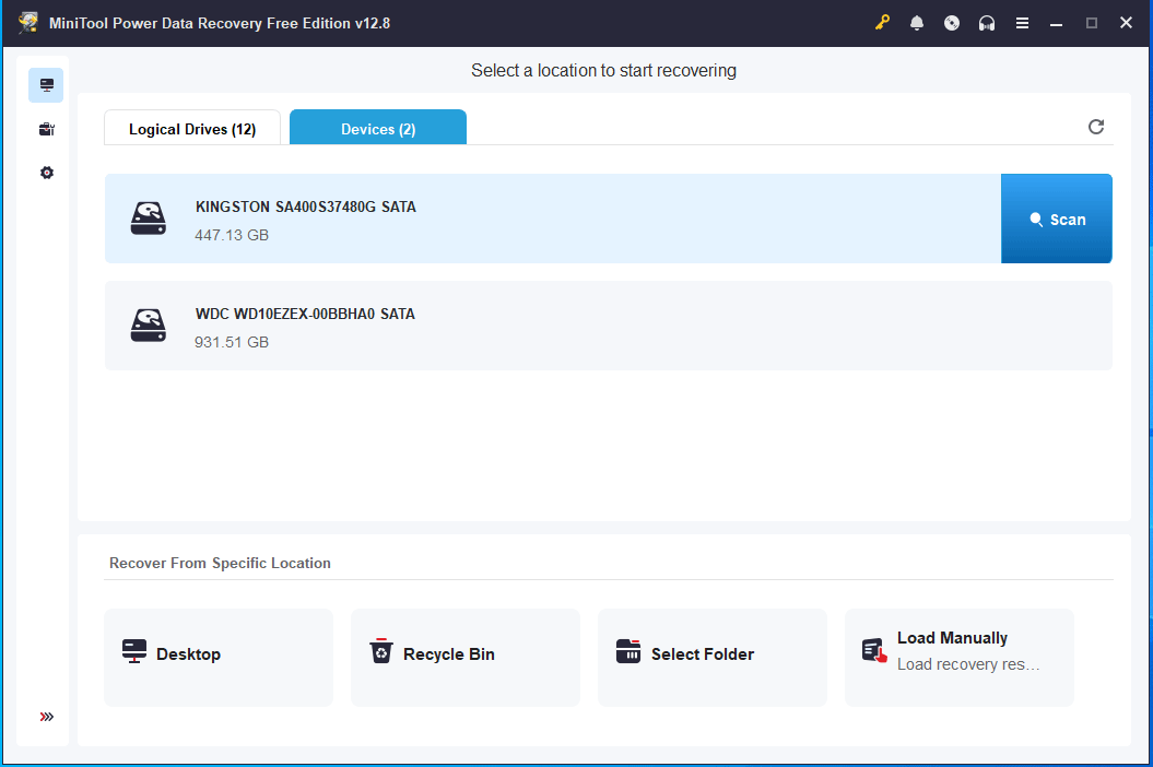 The MiniTool Power Data Recovery window with a drive to scan.