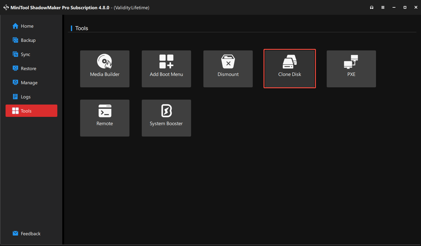 The Tools page in the MiniTool ShadowMaker window with Clone Disk selected.
