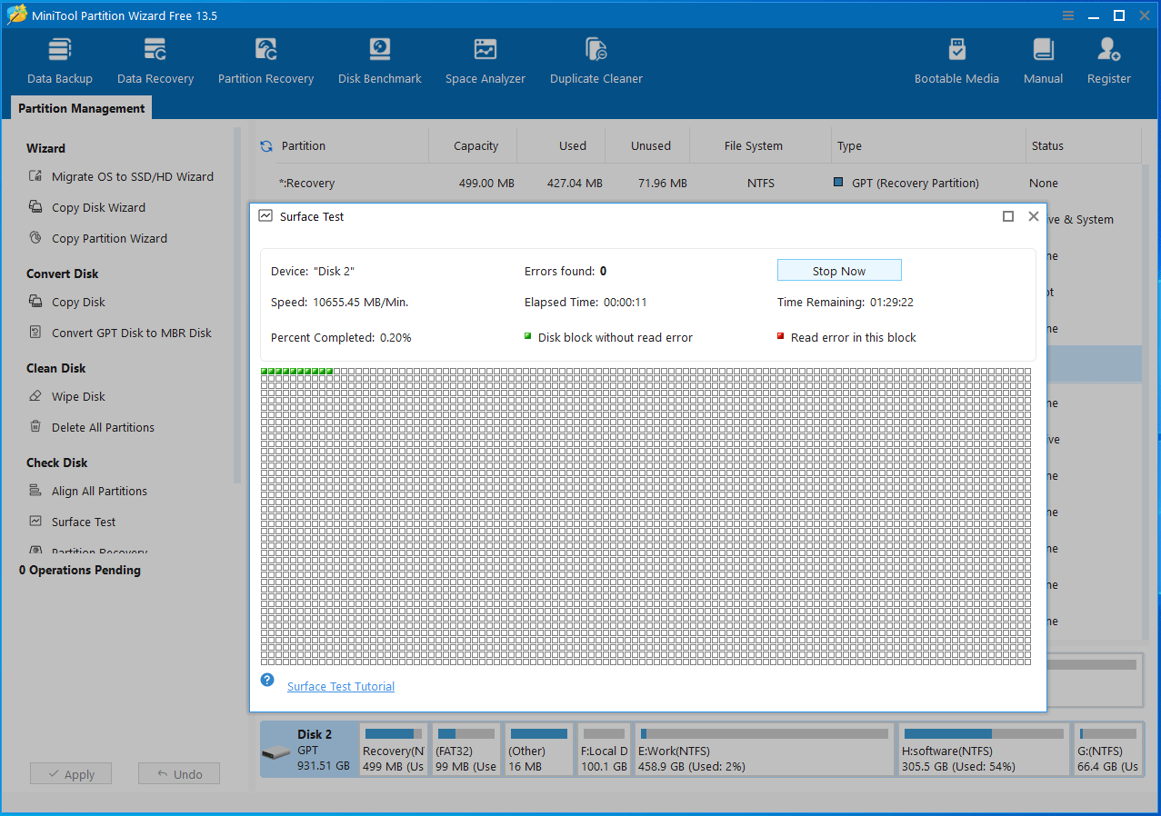 The Surface Test window in MiniTool Partition Wizard for a disk test.