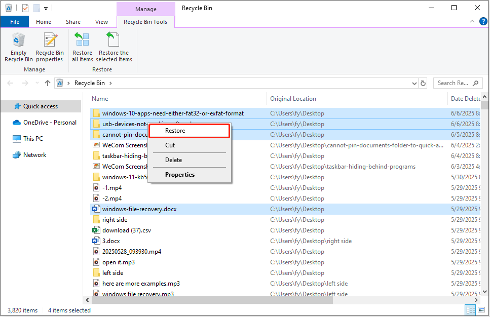 restore the files from the Recycle Bin