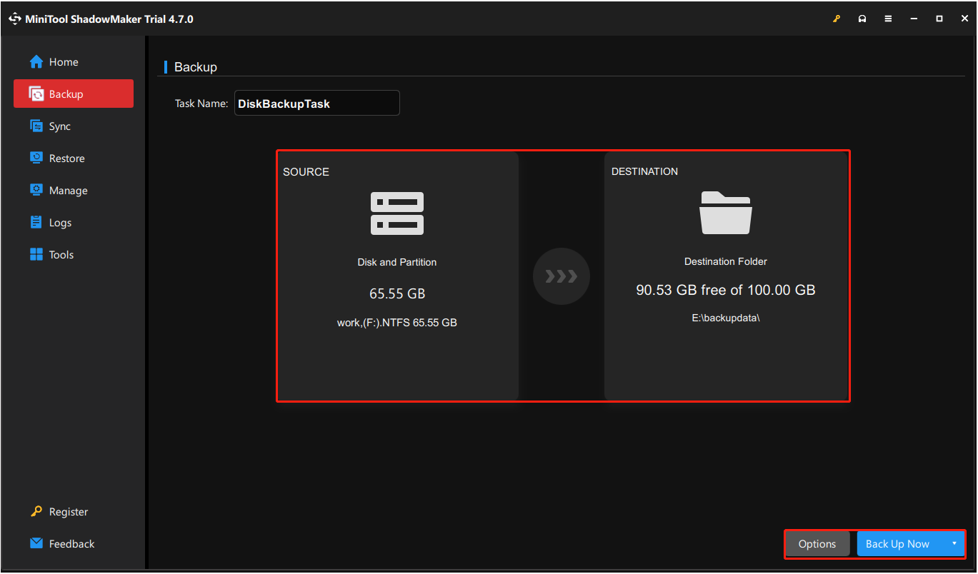 configure the backup files and destination location in MiniTool ShadowMaker