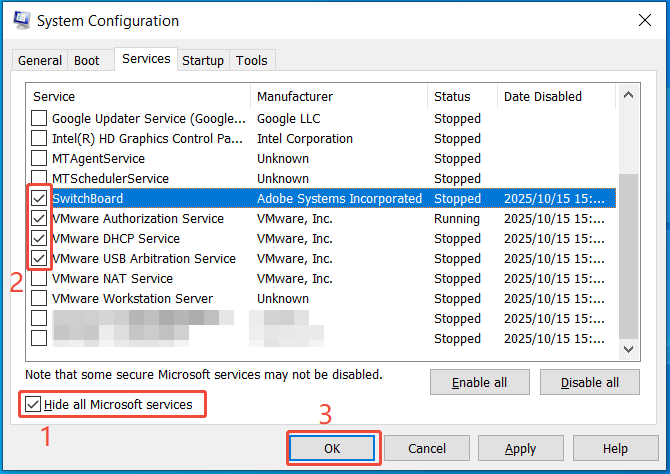enable upper half of services you cleared