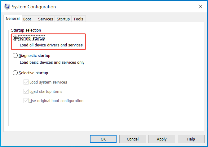 normal startup in System Configuration
