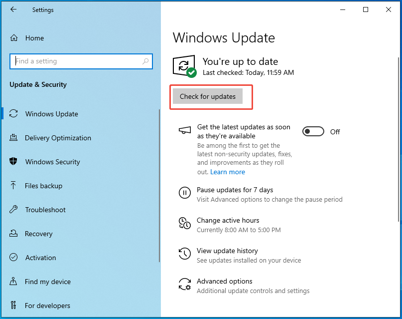check for updates in Windows 10