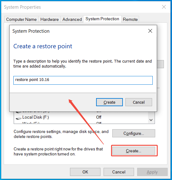 create a system restore point