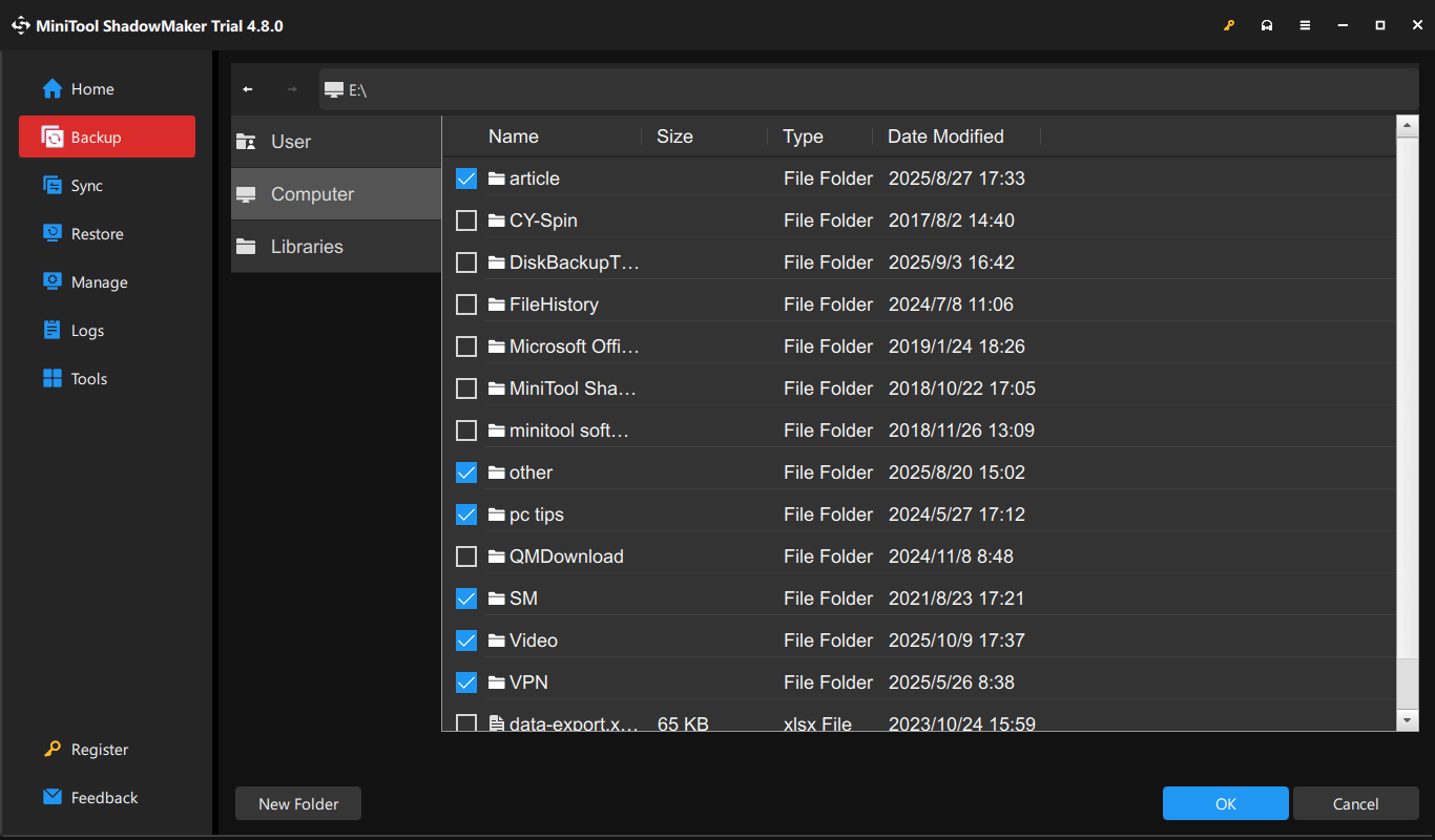 select data to back up in MiniTool ShadowMaker