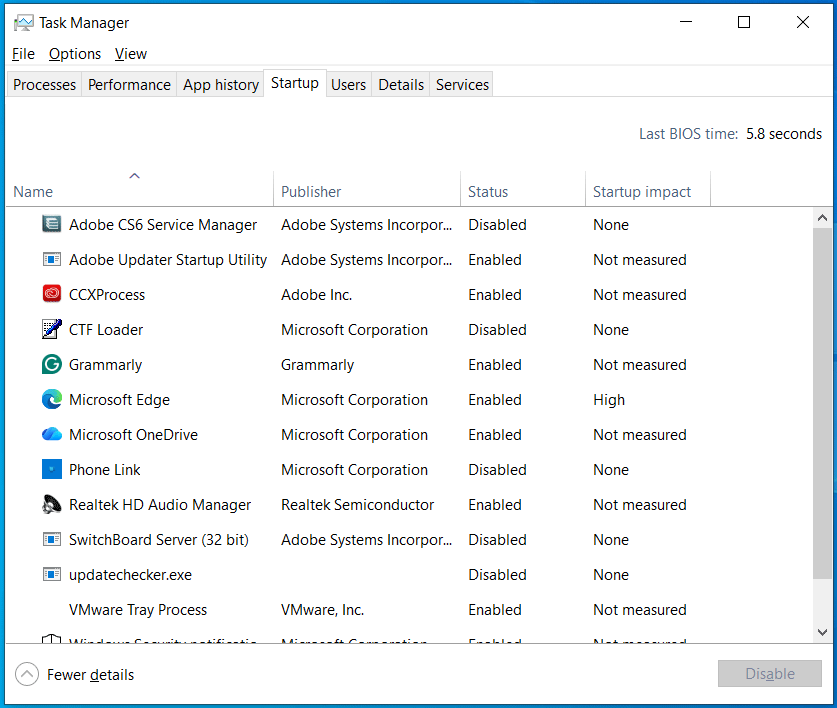 check startup programs in Task Manager