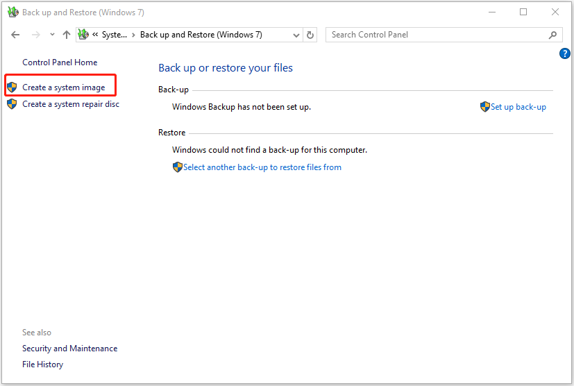 click create a system image