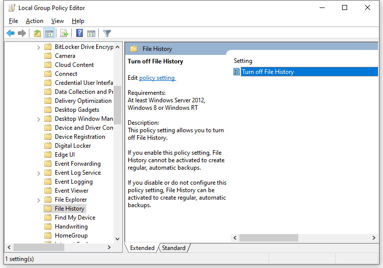 double-click on Turn off File History 
