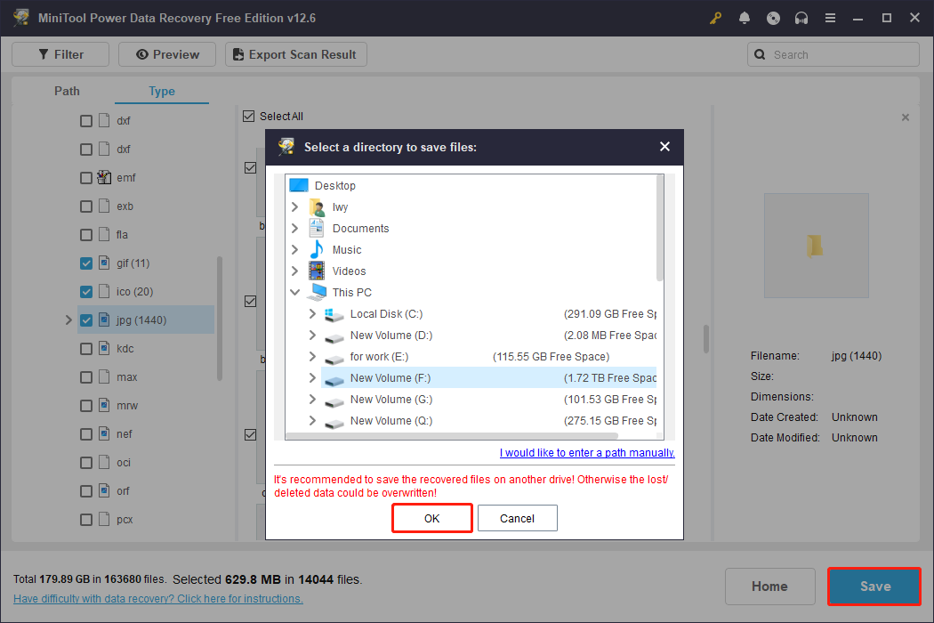 save files to a safe place using MiniTool Power Data Recovery
