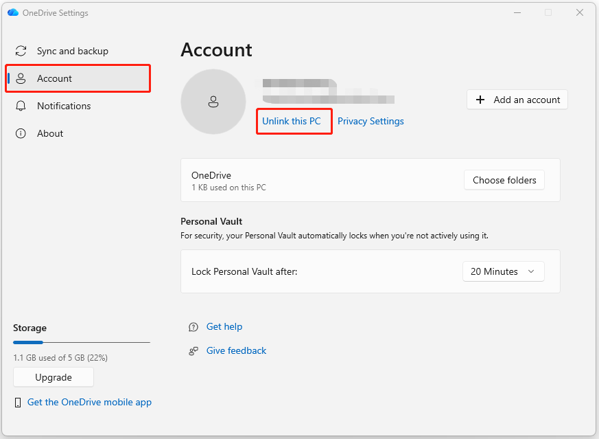 The interface of OneDrive Settings with selected Account and Unlink this PC.