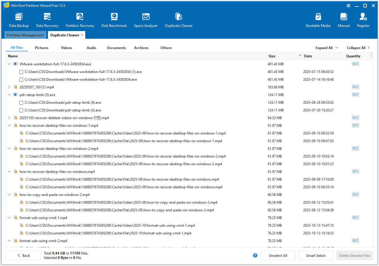 Duplicate Cleaner interface in MiniTool Partition Wizard with scan results displayed.