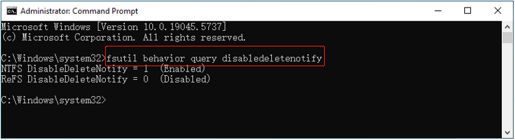 Command Prompt window displaying the result of the fsutil command, indicating whether SSD TRIM is enabled.