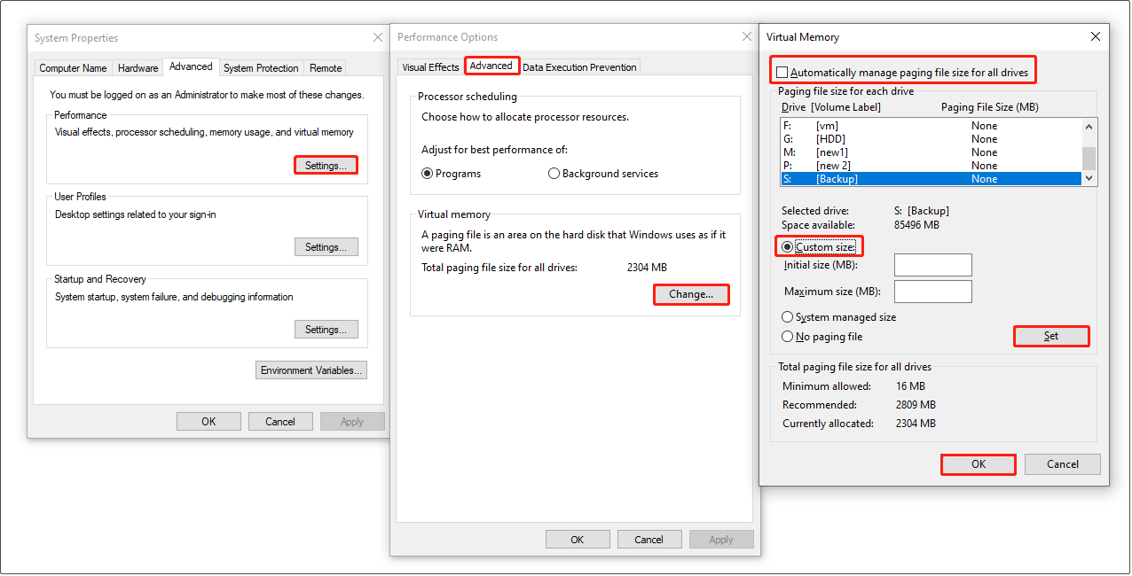 Three stitched screenshots showing paging file settings, with key options like Custom size circled in red.
