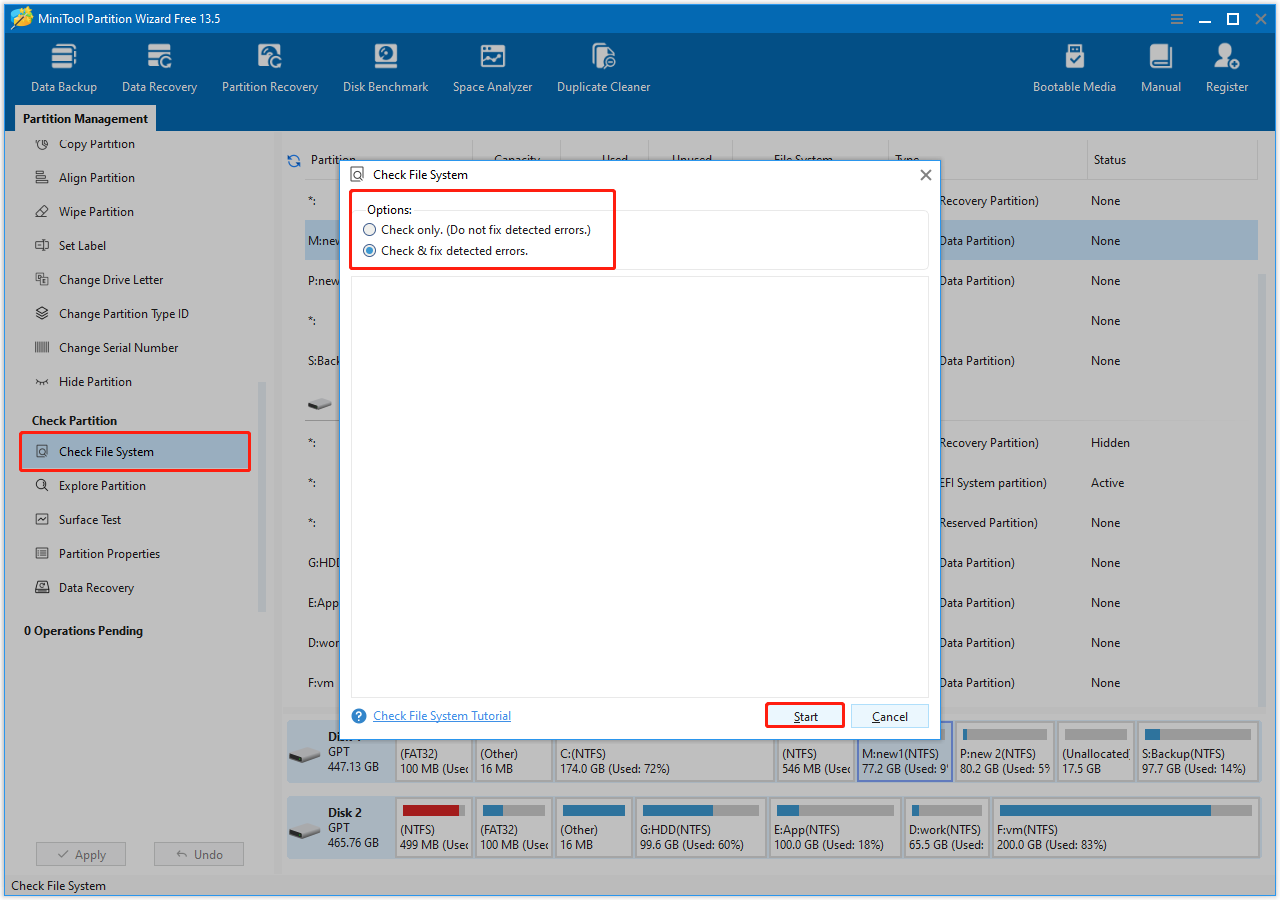 MiniTool Partition Wizard window with Check File System option checked and two check options selected in the embedded window.