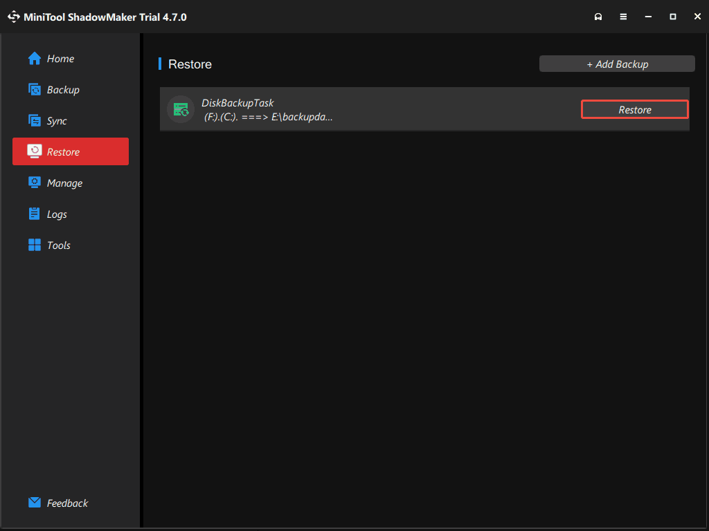 MiniTool ShadowMaker Restore page