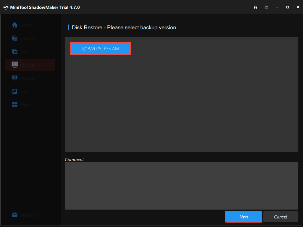 choose a backup version