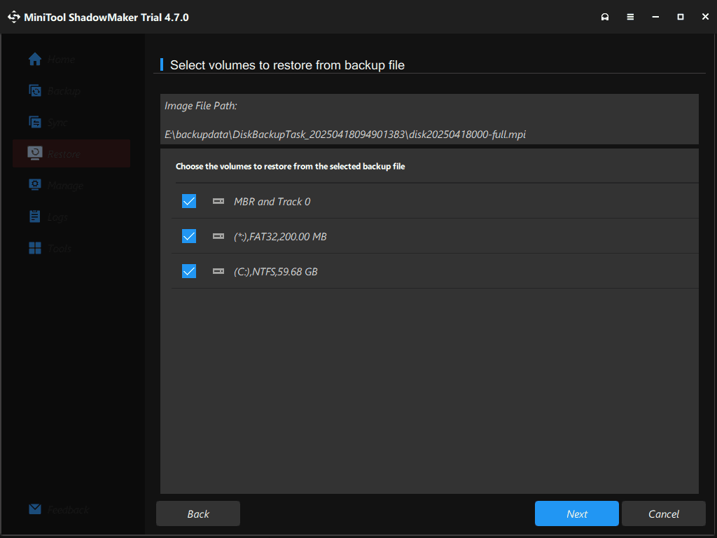 choose drives to restore from backup file