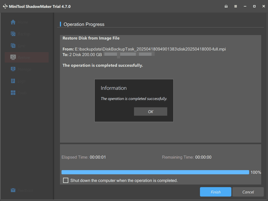 MiniTool ShadowMaker finishes system recovery