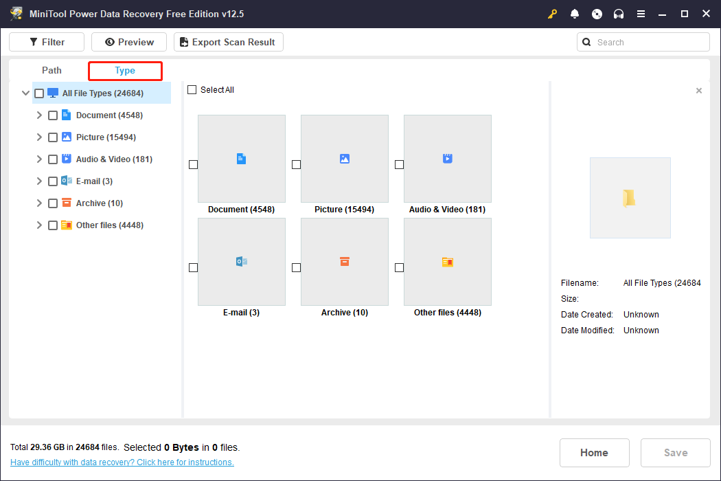 find files by file type in MiniTool Power Data Recovery