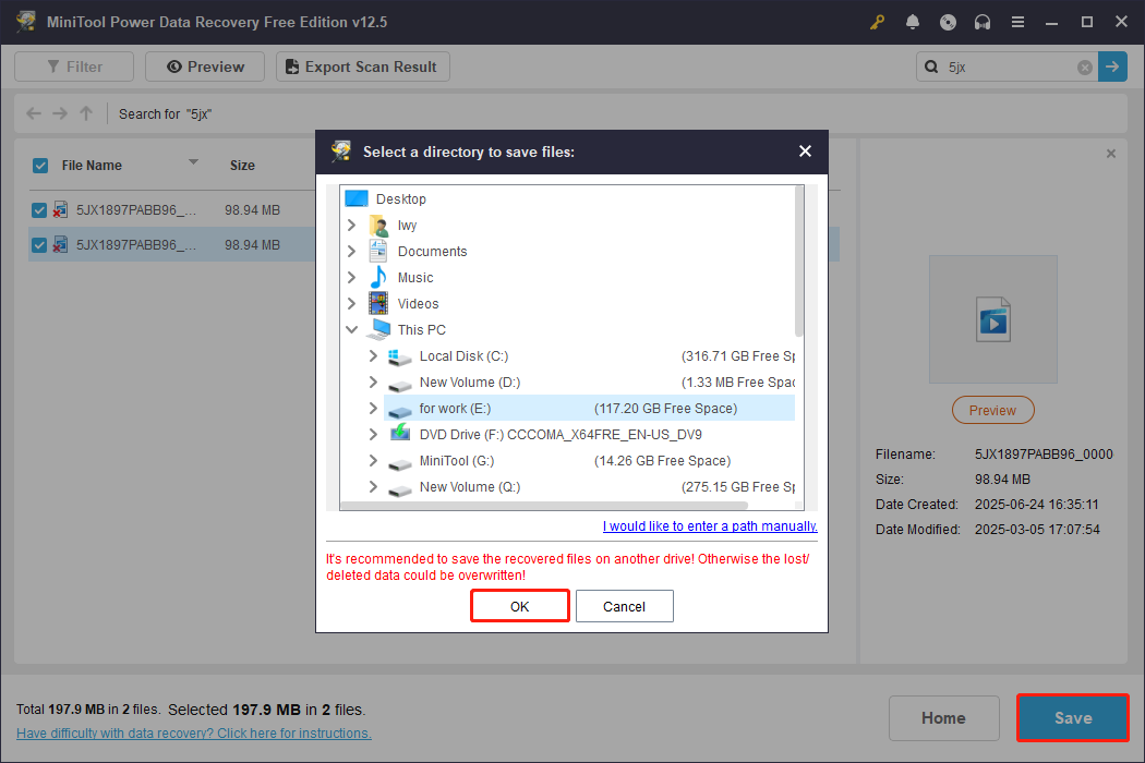 save videos to a new location in MiniTool Power Data Recovery