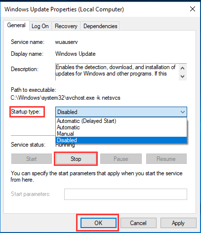change the startup type to disabled and click OK
