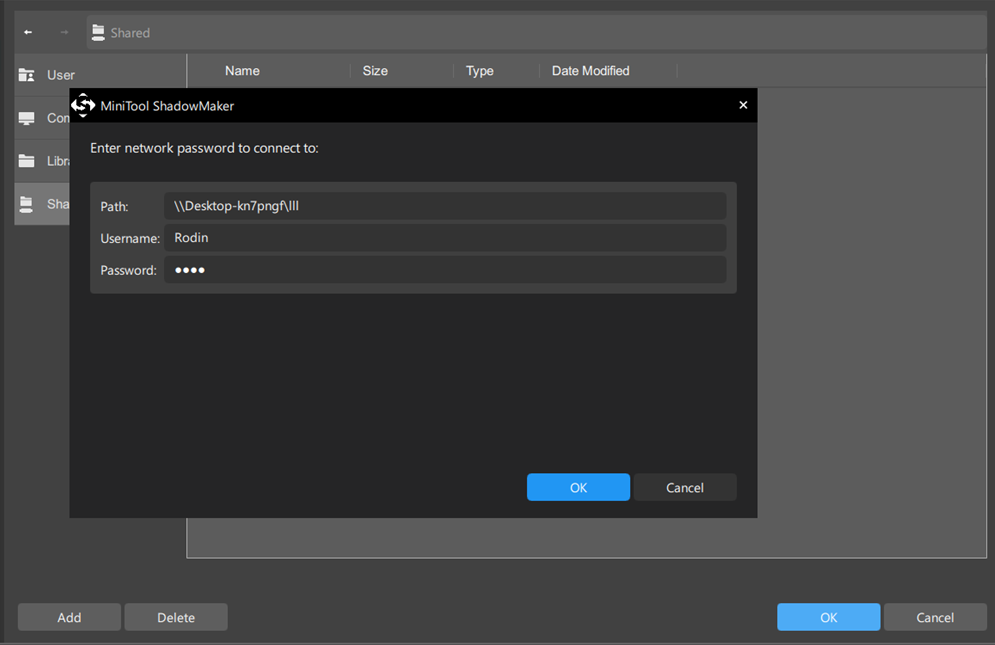 type the path of the shared folder