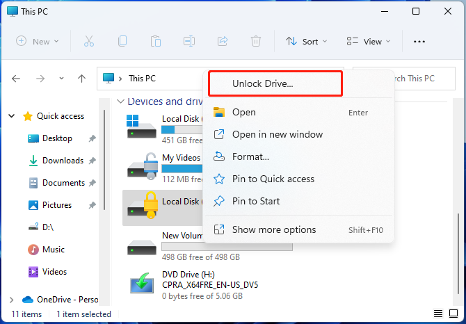select Unlock Drive