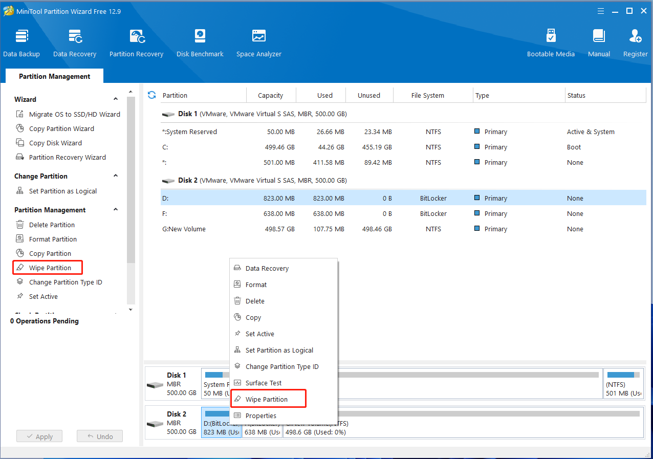 select Wipe Partition on MiniTool Partition Wizard