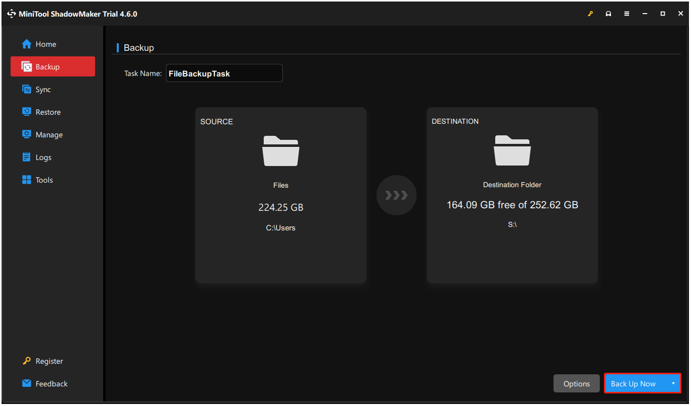 click Back up now on MiniTool ShadowMaker