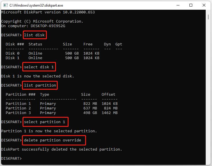 delete a partition using Diskpart