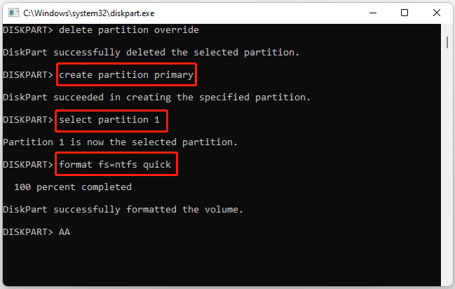 create a new partition using DiskPart
