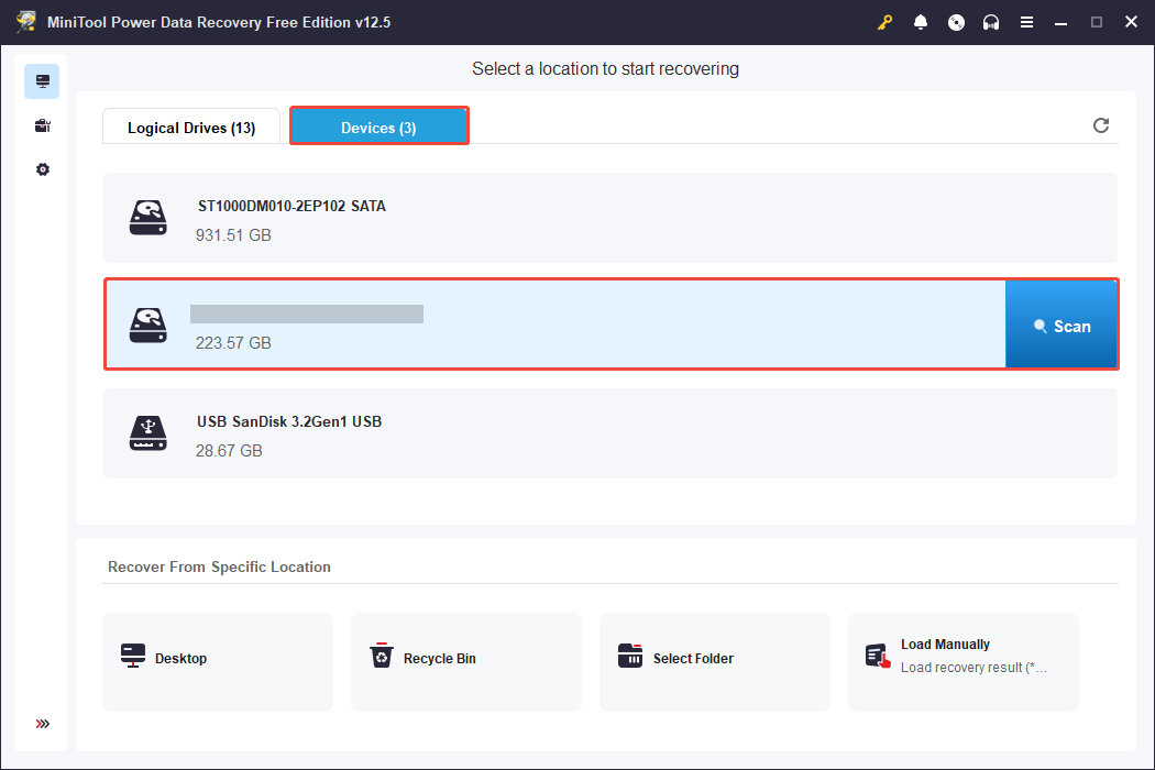 click the Scan button to start the recovery process in MiniTool Power Data Recovery
