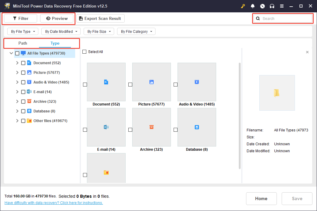 use the features provided by MiniTool Power Data Recovery to locate your files