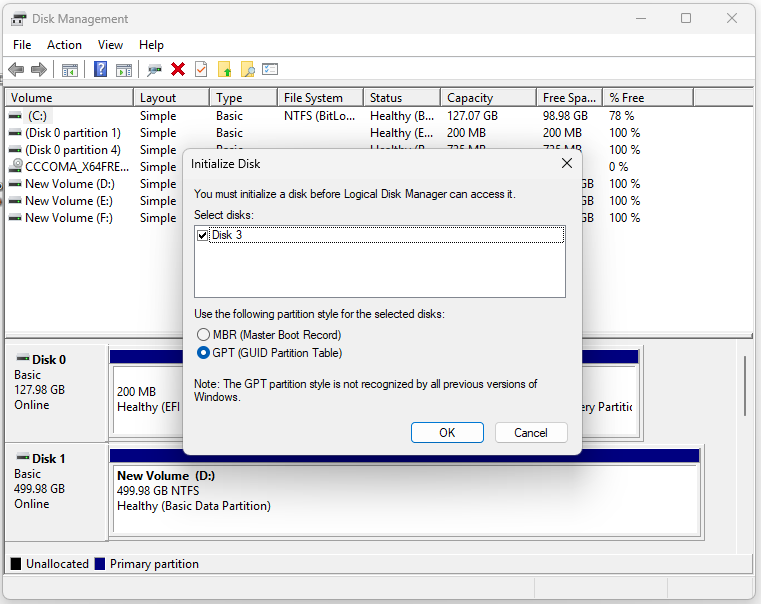 The Initialize Disk window of Disk Management.