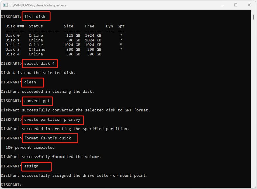 The diskpart window with commands to initialize SSD.