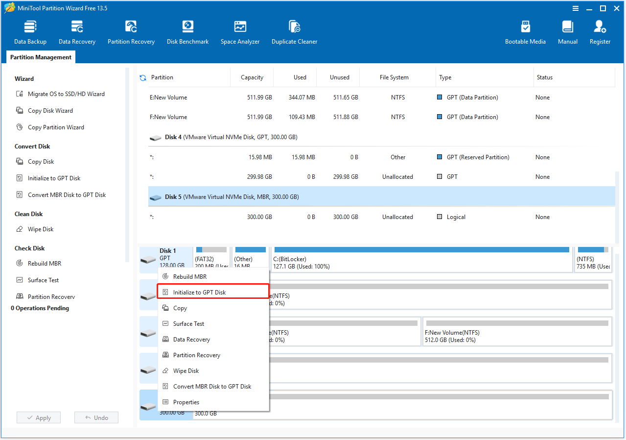 The interface of MiniTool Partition Wizard with selected Initialize to GPT Disk.