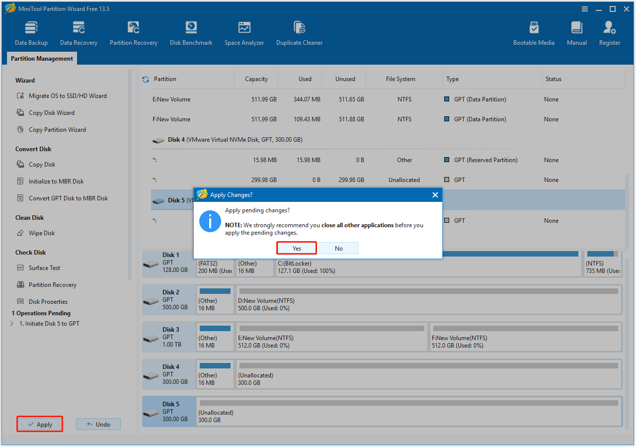 The interface of MiniTool PartitionWizard with selected Apply and Yes.