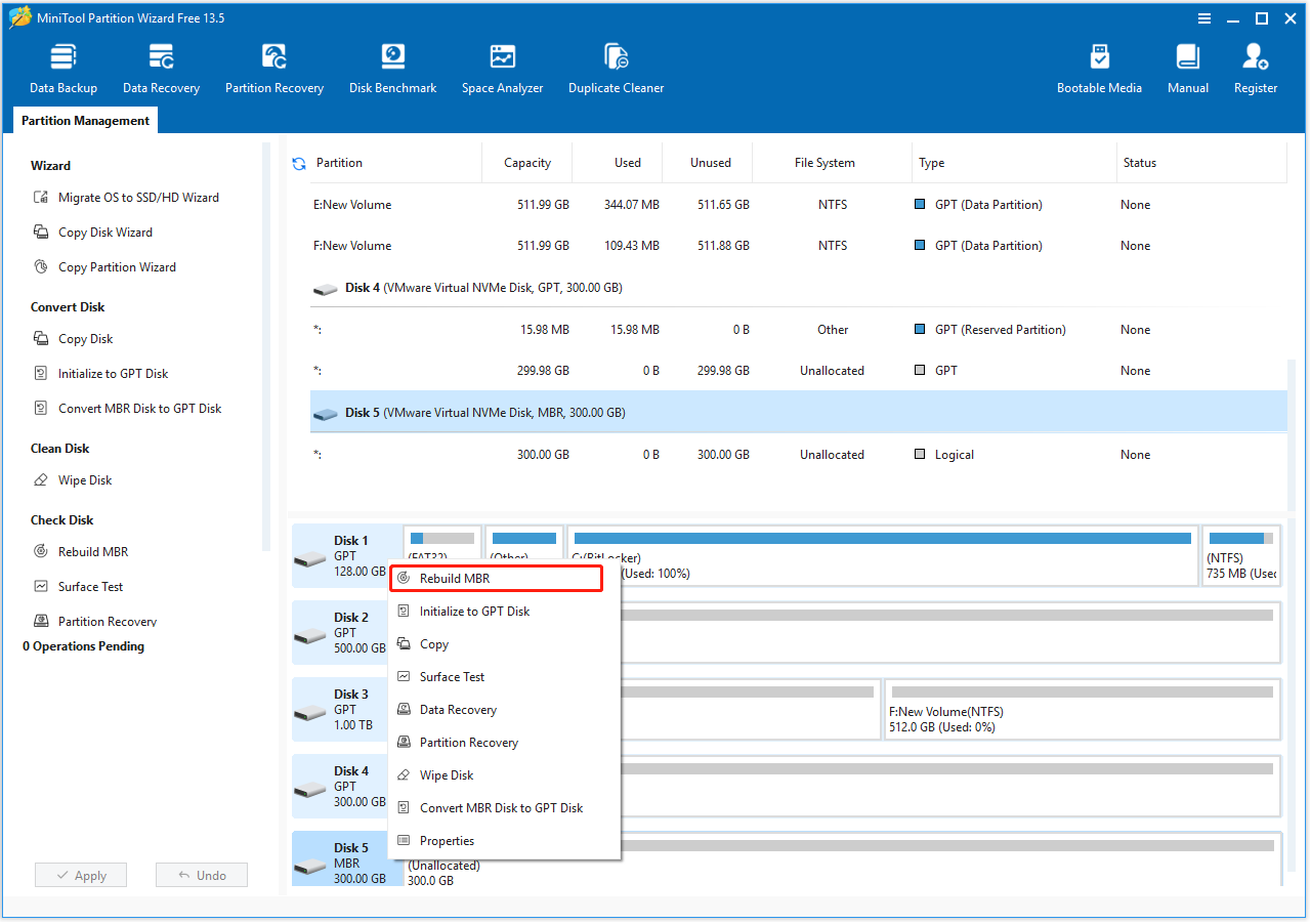 The interface of MiniTool Partition Wizard with selected Rebuild MBR.
