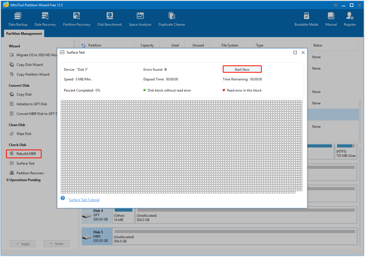 The interface of MiniTool Partition Wizard with selected Rebuild MBR and Start Now.