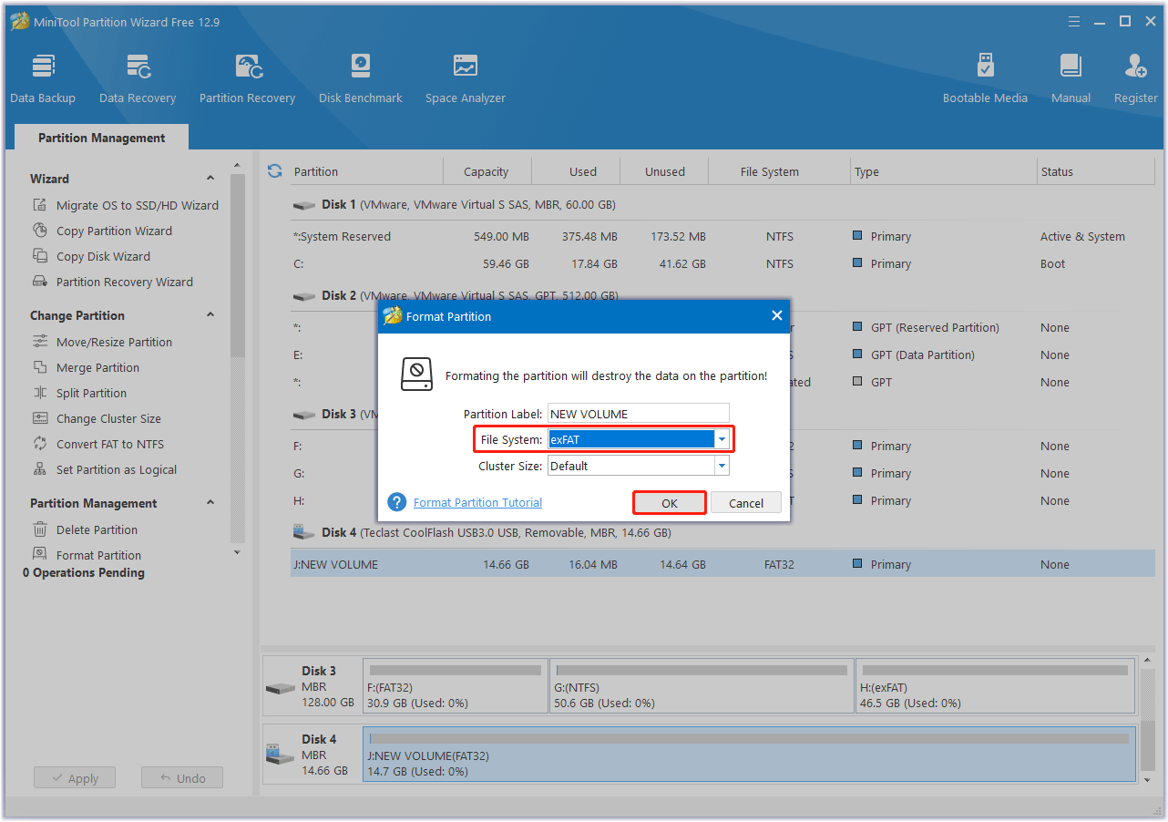choose exFAT file system for Insta360 camera SD card in MiniTool Partition Wizard