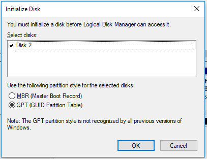 initialize disk to GPT