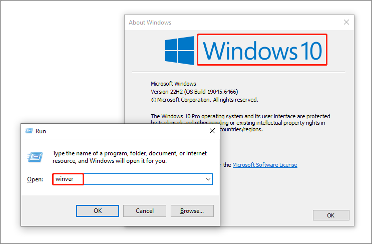 The Run dialog box with the winver command executed, displaying a prompt window with the Windows 10 version.