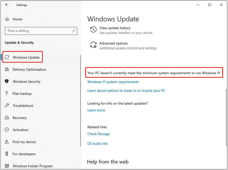 Windows 10 Settings window showing the Windows Update tab with a message about the PC not meeting Windows 11 requirements.