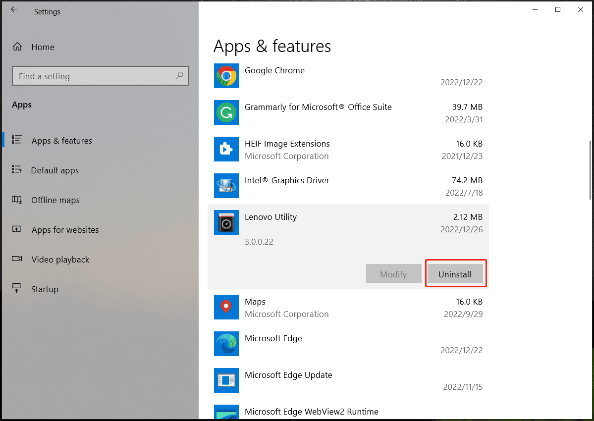 uninstall Lenovo Utility