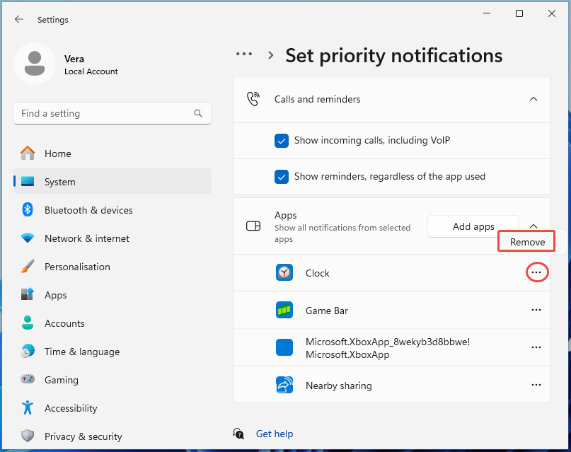 The System page in Settings with selected Remove to disable app notifications.