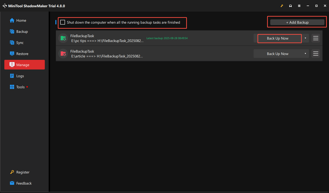 the Manage page