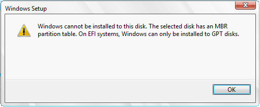 The selected disk has an MBR partition table