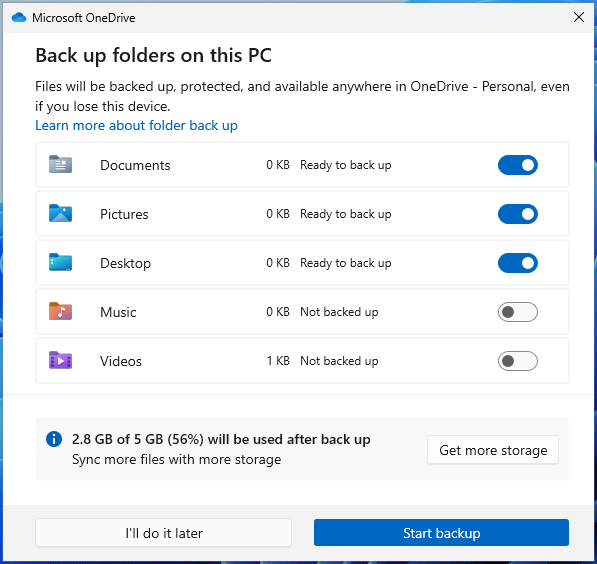 Démarrer la sauvegarde dans OneDrive